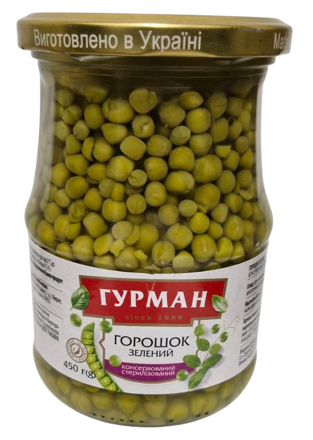 Горошок зелений ГУРМАН консервований, стерилізований, вищий сорт, 450г